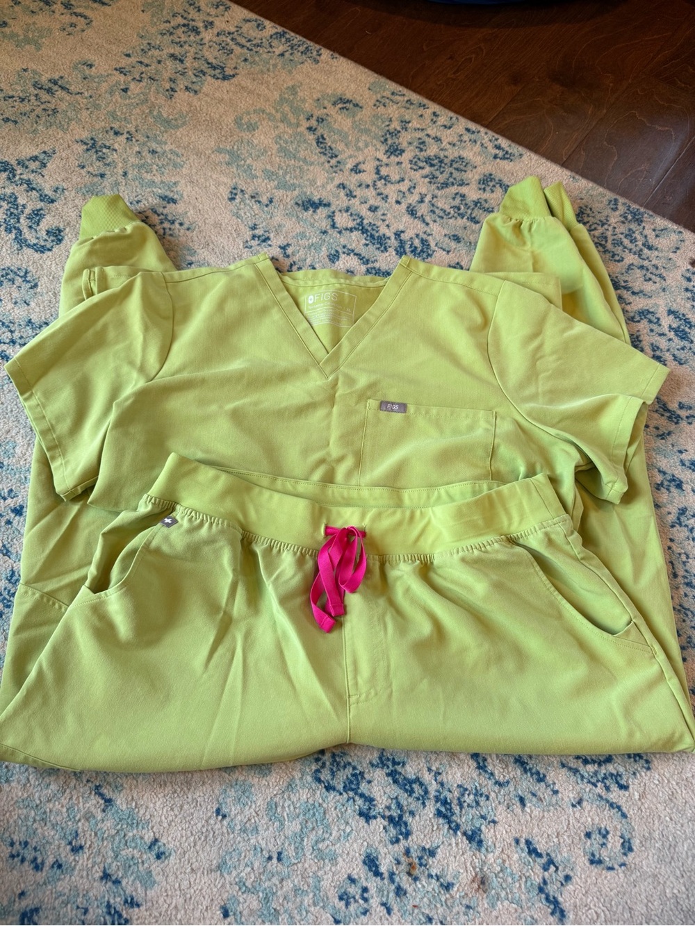 Figs Women’s Lime Green Scrub Top & Pants with Hot Pink Drawstring